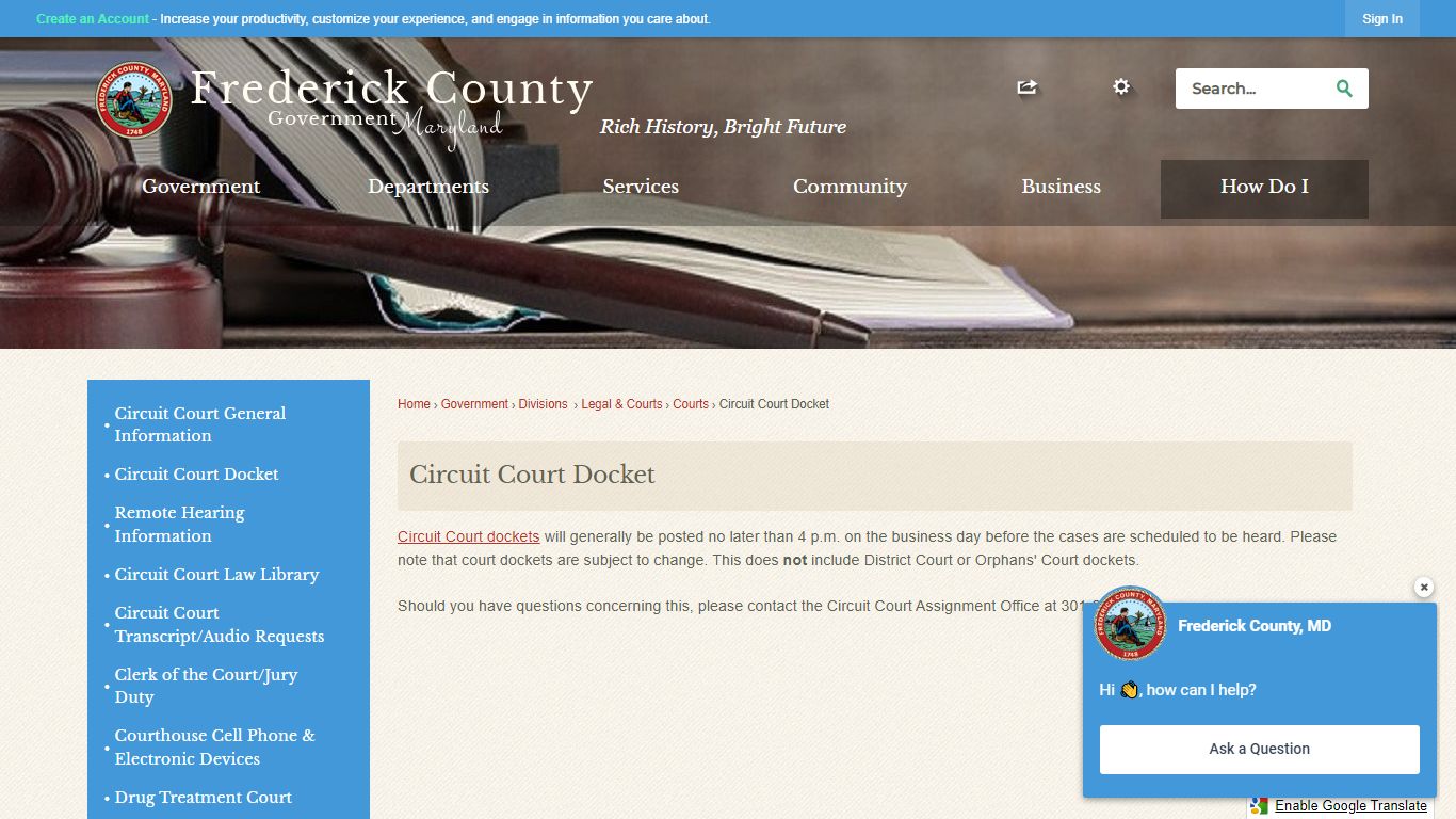 Circuit Court Docket | Frederick County MD - Official Website